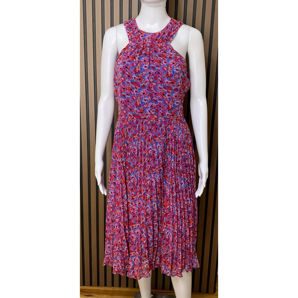 Maggy London Floral Pleated Halter Midi Dress Pink Blue Size 8